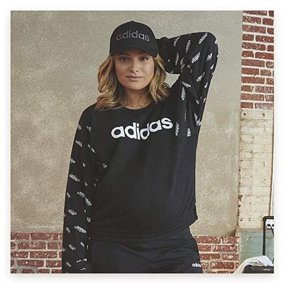 ADIDAS Monogram Graphic Sweatshirt Active Relaxed Lounge Black Crewneck Cozy - Picture 1 of 10